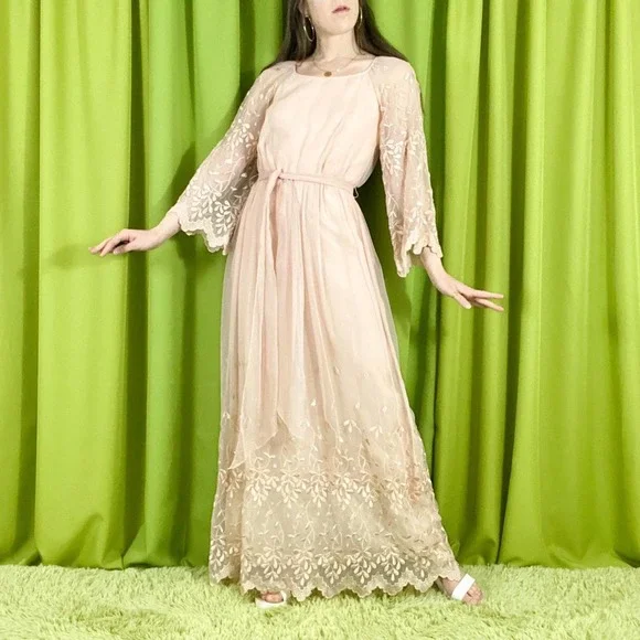 Carrie Couture | Dresses | 7s Vintage Dusty Pink Maxi Dress With Chiffon  Embroidered Bell Sleeves And Hem | Poshmark